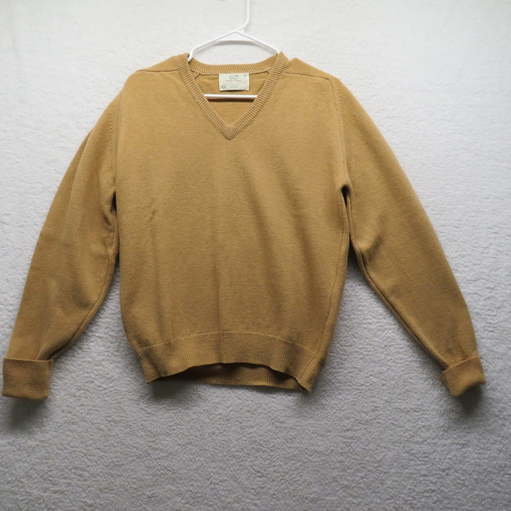 Lord Jeff Vintage Mens Medium Lambswool V-Neck Sweater Camel Tan Made in USA